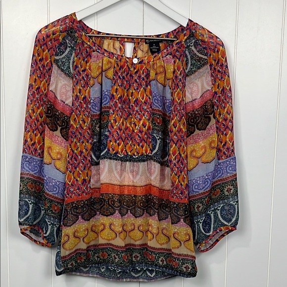 New Directions Womens Top S Orange Yellow Stretch Waist Pullover Flowy Boho Cute - Picture 1 of 13